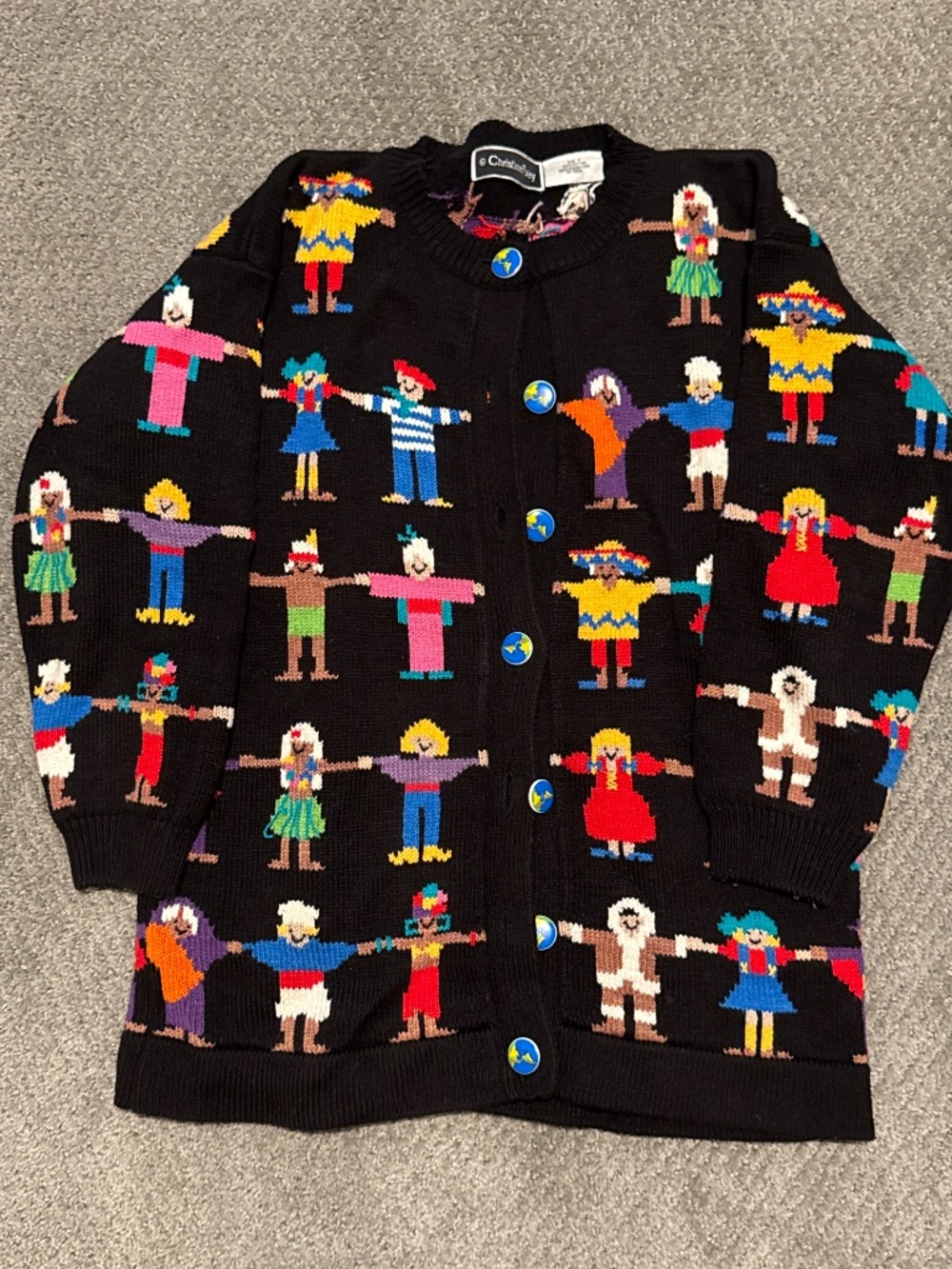 Vintage Christine Foley Children of the World Cardigan Sweater Globe Buttons — R